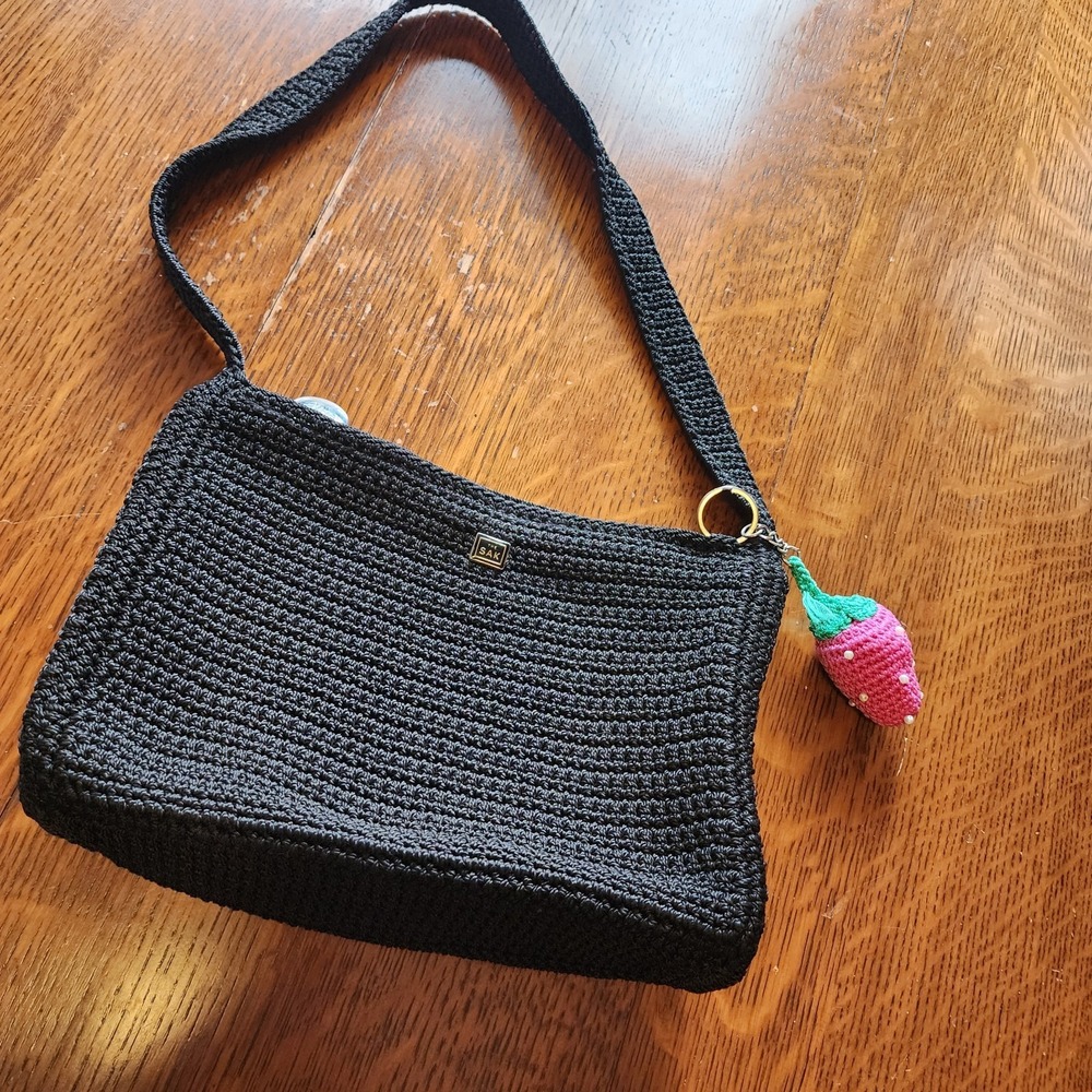The Sak Black Crochet Knit Shoulder Purse Classic Casual Timeless Versatile